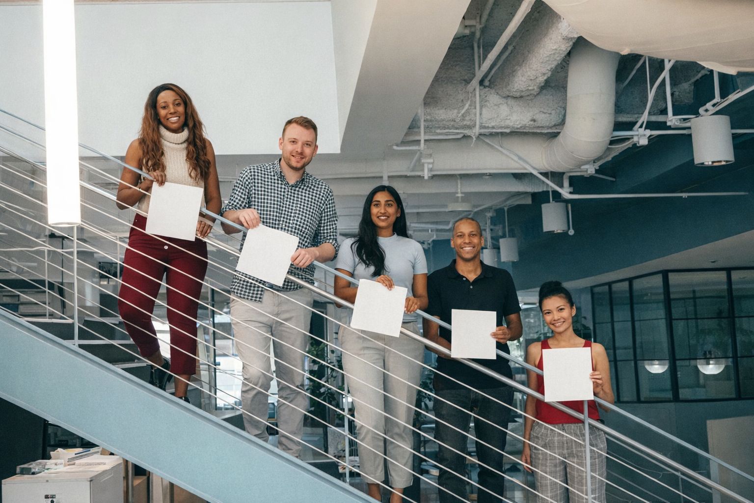 Ett mångsidigt team som står i en trappa med vita skyltar för profilering.