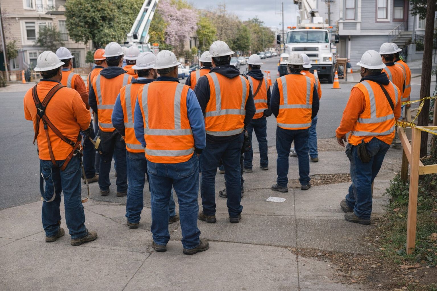 Byggarbetare i orangea varselvästar och jackor på en stadsgata.